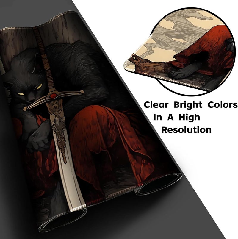 April Space Playmat Board Game MTG Duel Playmat Trading Card 24 x 14in Stitching Edges Compatible for TCG CCG RPG OCG with Card Zones + Including Storage Bags (Cat Swordsman,No Zone) - Image 3